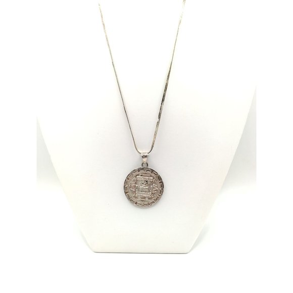 Sterling Silver Aztec Deity Round Pendant Necklace MEXICO STAMPED 17.5" - Picture 3 of 11